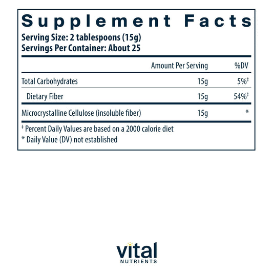 Vital Nutrients textura del polvo de celulosa mostrando finura y mezcla fácil