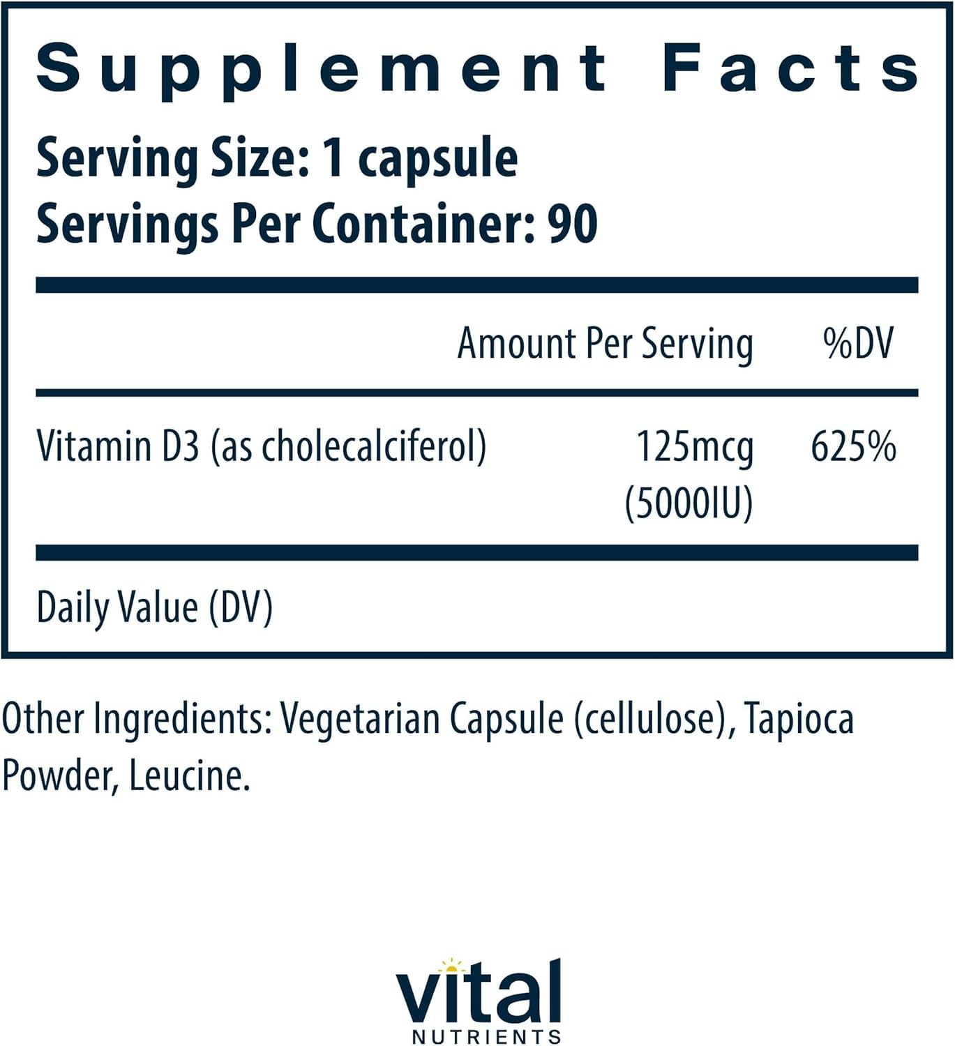 Vital Nutrients primer plano de cápsula D3 mostrando textura y tamaño