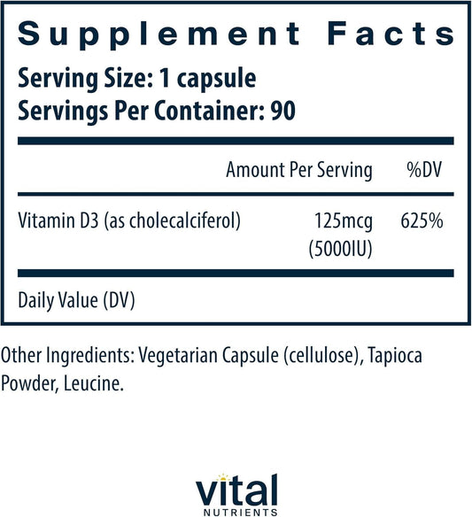 Vital Nutrients primer plano de cápsula D3 mostrando textura y tamaño