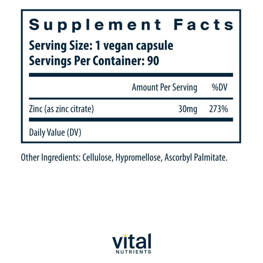 Close-up of the cap on Vital Nutrients Zinc Citrate 30mg bottle highlights vegan formula.
