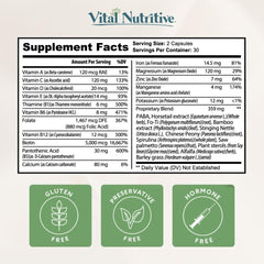 VITAL NUTRITIVE ingredientes clave sobre fondo de alimentación equilibrada
