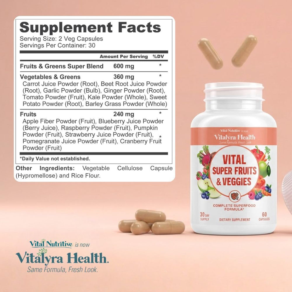 VITAL NUTRITIVE producto junto a frutas y verduras que representan sus fuentes