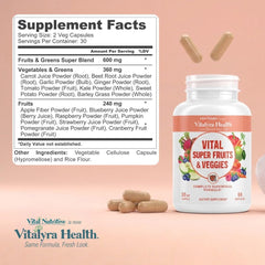 VITAL NUTRITIVE producto junto a frutas y verduras que representan sus fuentes