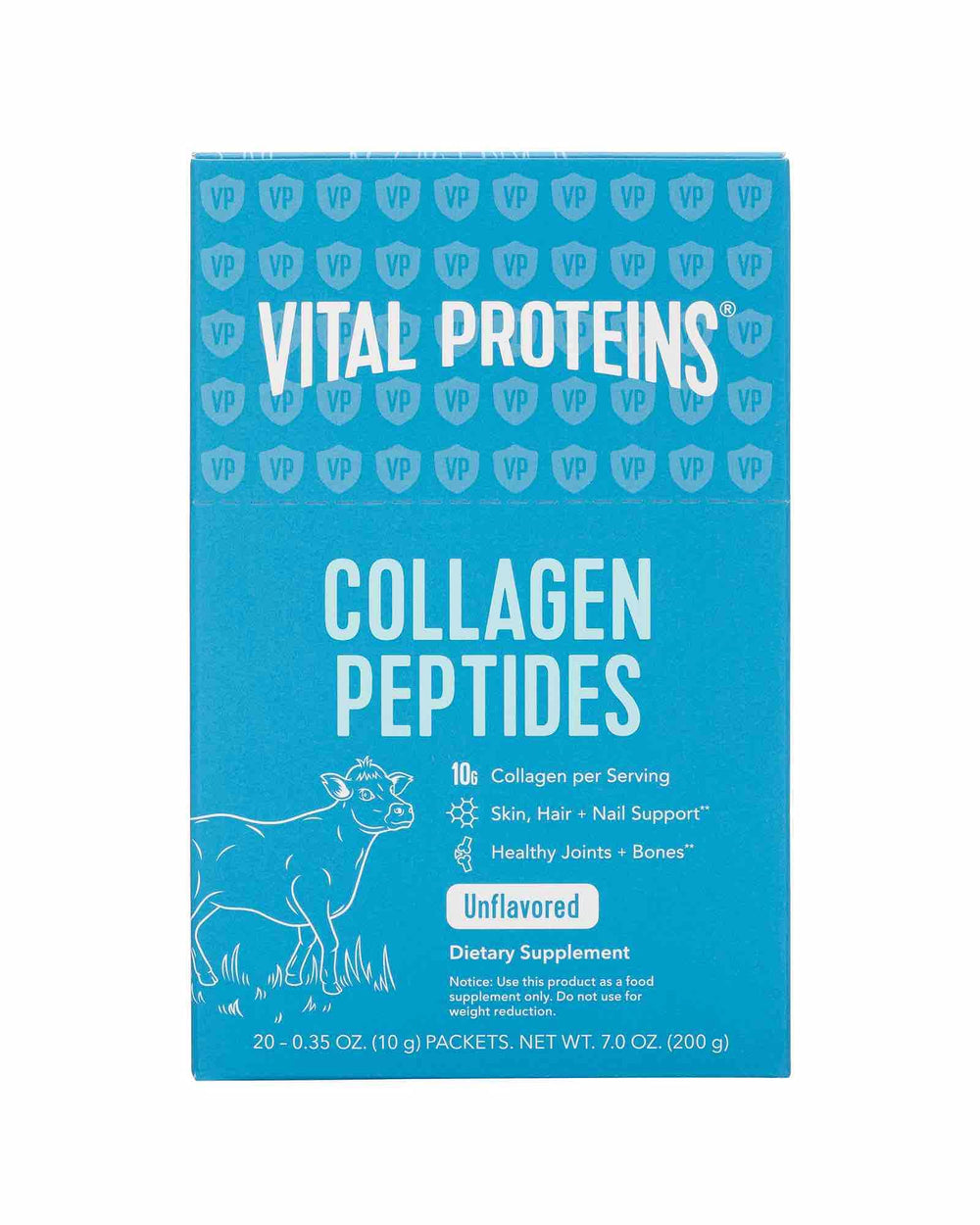 Vital Proteins caja delantera mostrando 20 sobres, conveniencia y porciones controladas