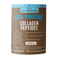 Vital Proteins empaque frontal mostrando tamaño y sabor chocolate beneficios práctico