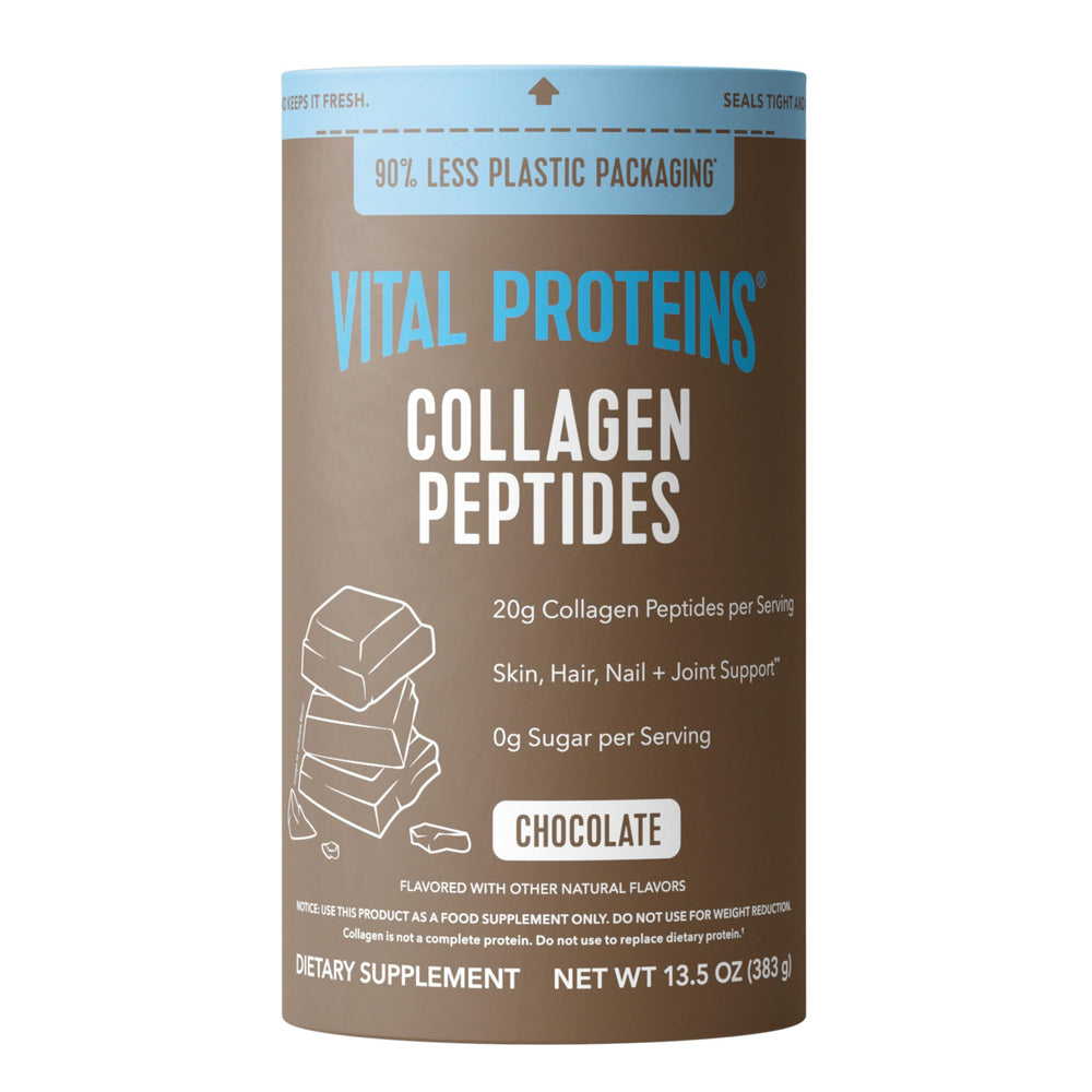 Vital Proteins envase frontal mostrando el diseño y sabor chocolate, conveniencia diaria