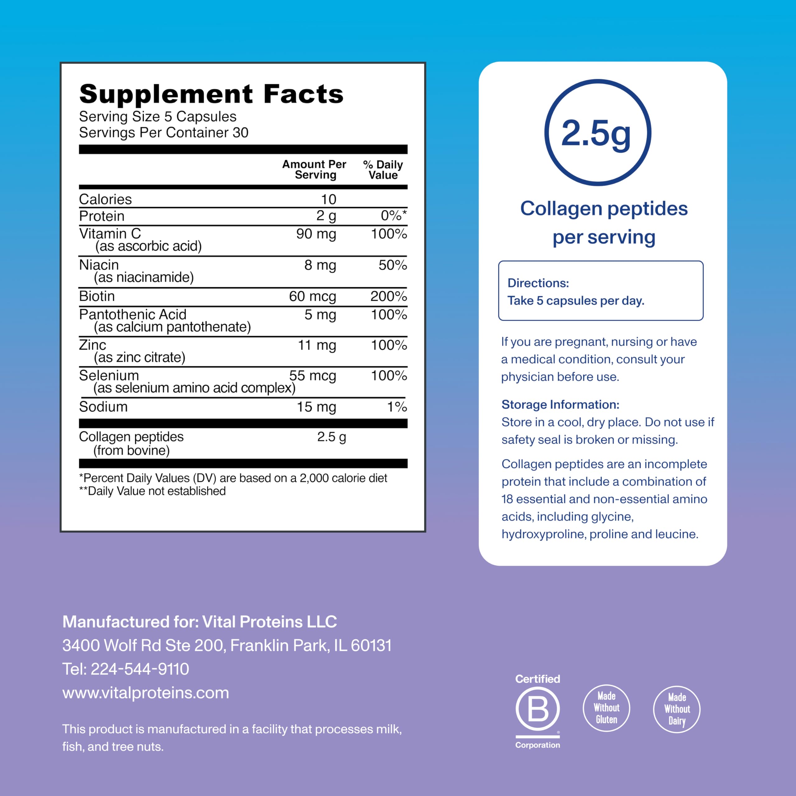Vital Proteins etiqueta que destaca biotina y vitamina C para uso diario.