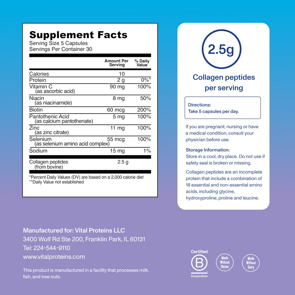 Vital Proteins etiqueta que destaca biotina y vitamina C para uso diario.