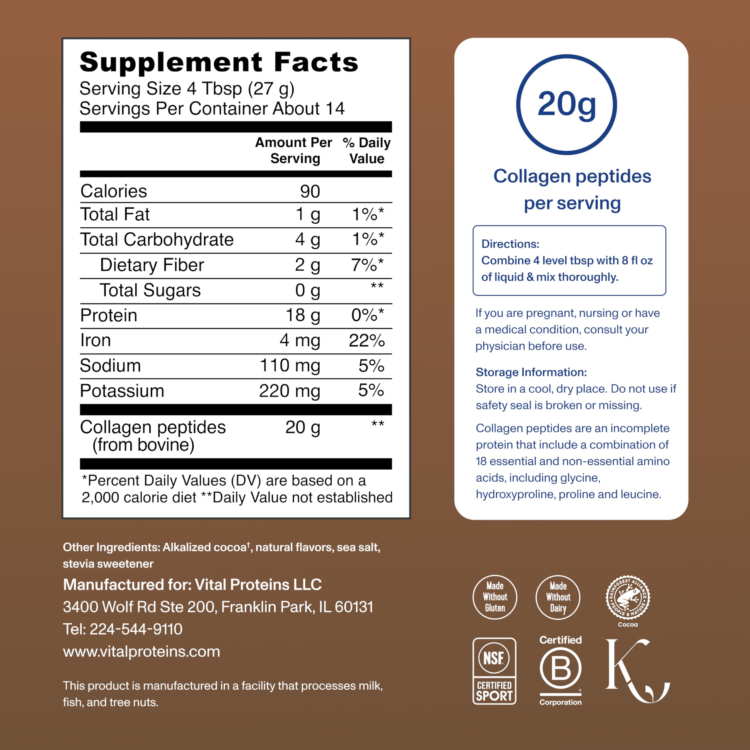 Vital Proteins etiqueta nutricional visible, transparencia en ingredientes y porciones