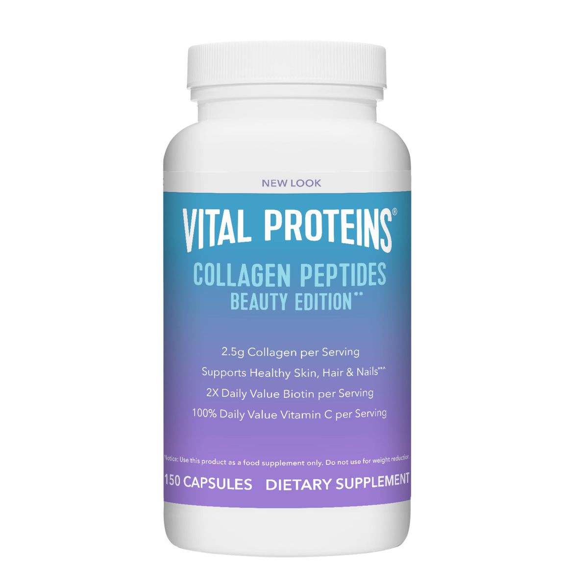 Vital Proteins frasco al frente mostrando la etiqueta y beneficio práctico