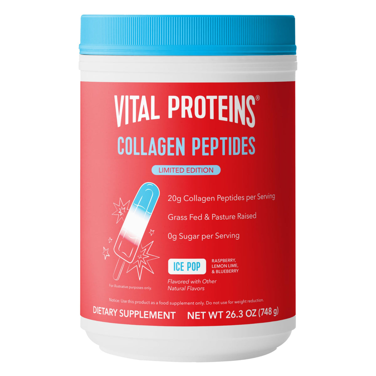 Vital Proteins frente del empaque mostrando tamaño y sabor Ice Pop beneficios para conveniencia