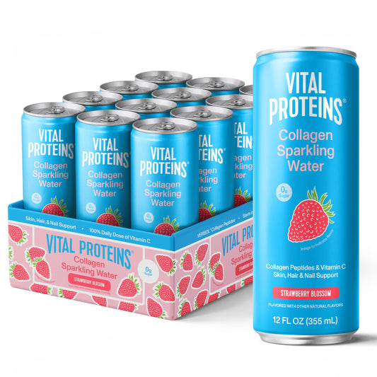 Vital Proteins frente del pack de 12 latas muestra presentación lista para guardar