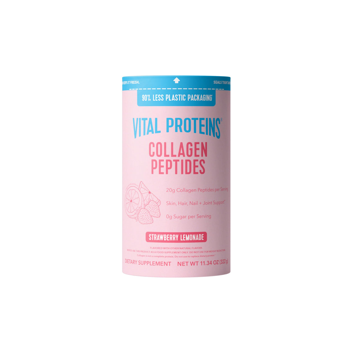 Vital Proteins empaque frontal Strawberry Lemonade mostrando tamaño y marca
