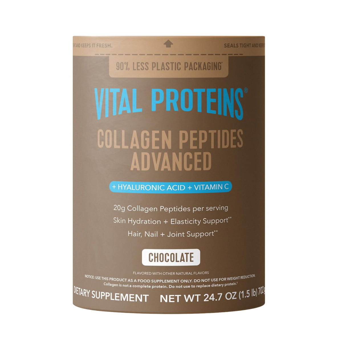 Vital Proteins envase frontal chocolate mostrando diseño y beneficio práctico