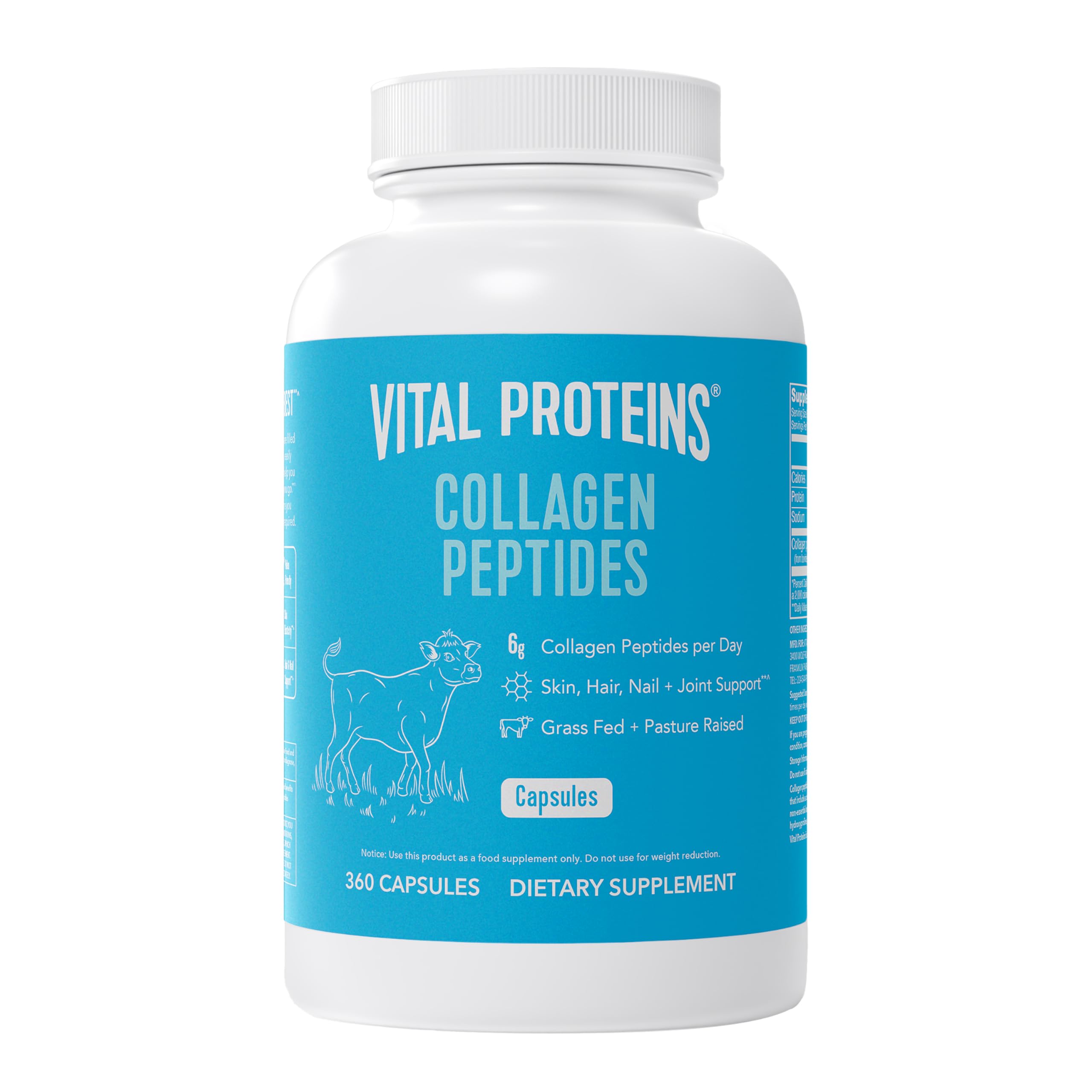 Vital Proteins envase frontal mostrando 360 cápsulas y conveniencia