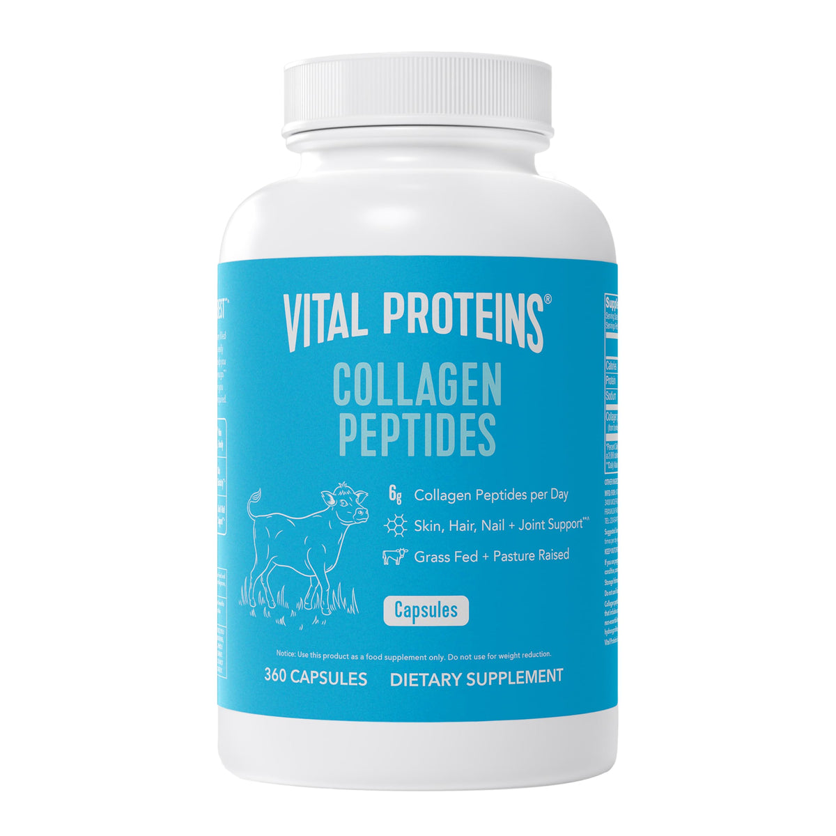 Vital Proteins envase frontal mostrando 360 cápsulas y conveniencia