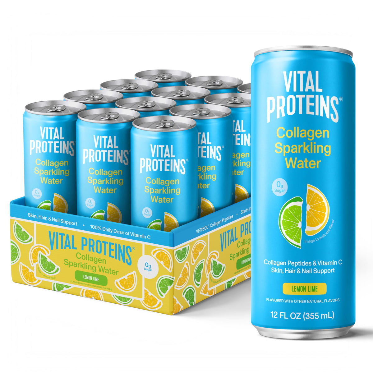 Vital Proteins lata delantera limón lima mostrando diseño y beneficio refrescante