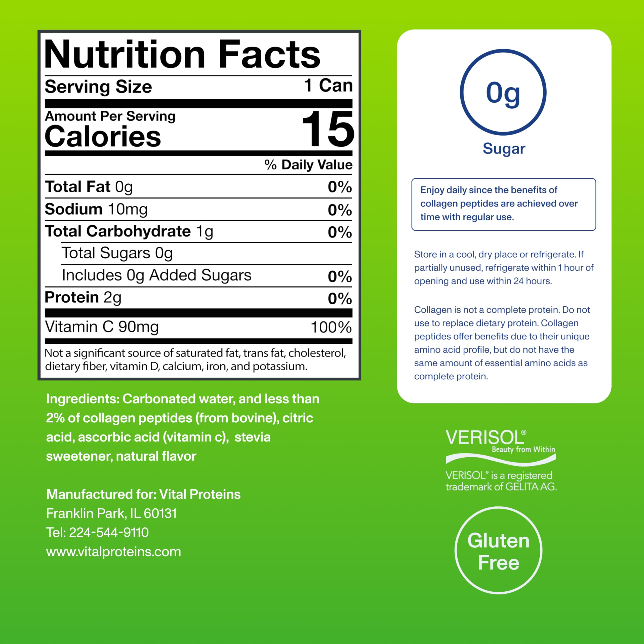 Vital Proteins lata en mano para comparar tamaño y portabilidad práctica