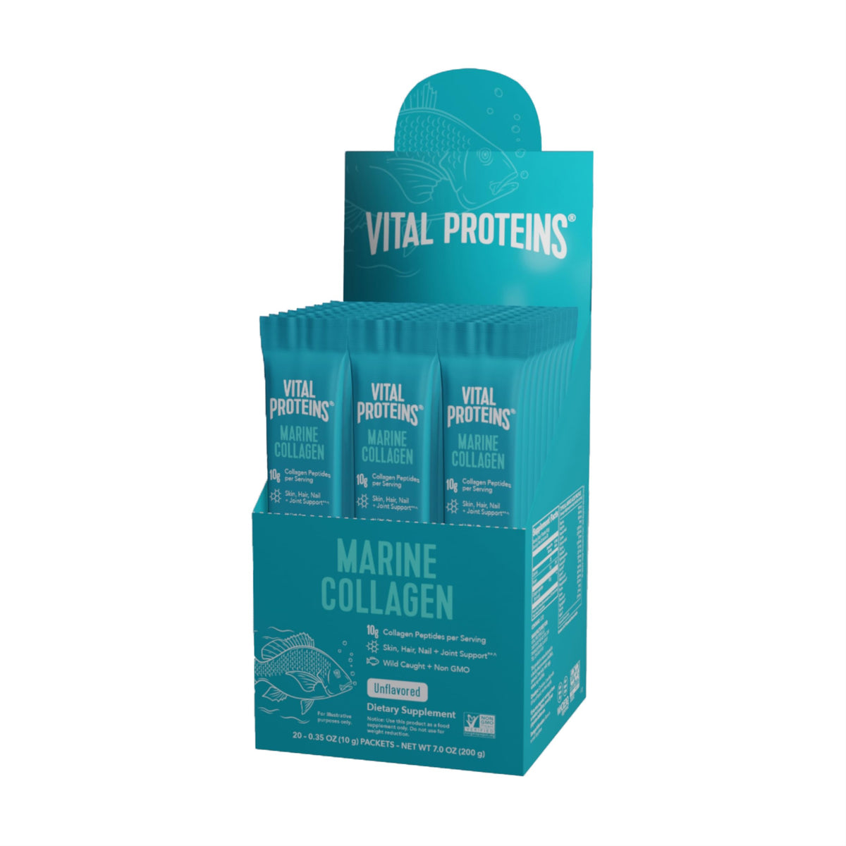 Vital Proteins paquete frontal que muestra sobres individuales y beneficios portable