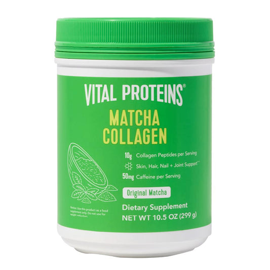 Vital Proteins envase frontal con matcha y colágeno, presentación clara y informativa