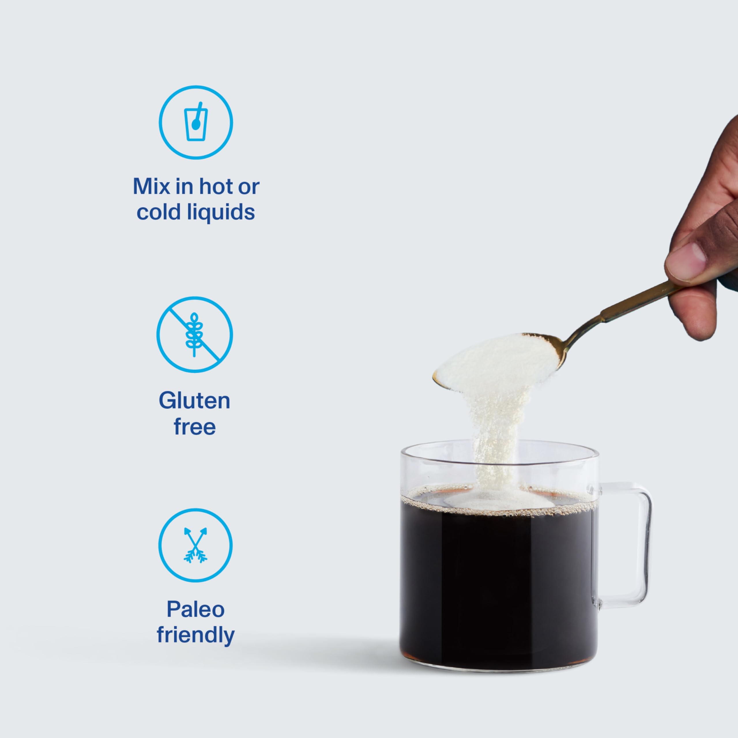 Vital Proteins polvo disuelto en café caliente, integración neutra y sin sabor