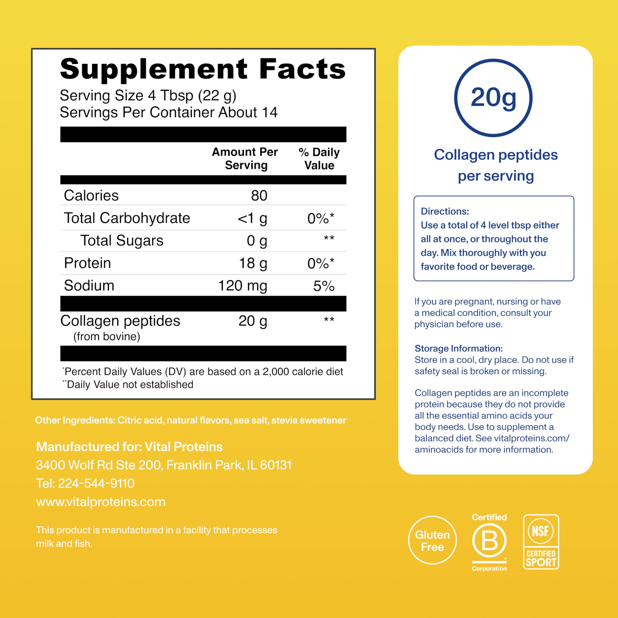 Vital Proteins cucharada medidora con porción de 20 g de péptidos