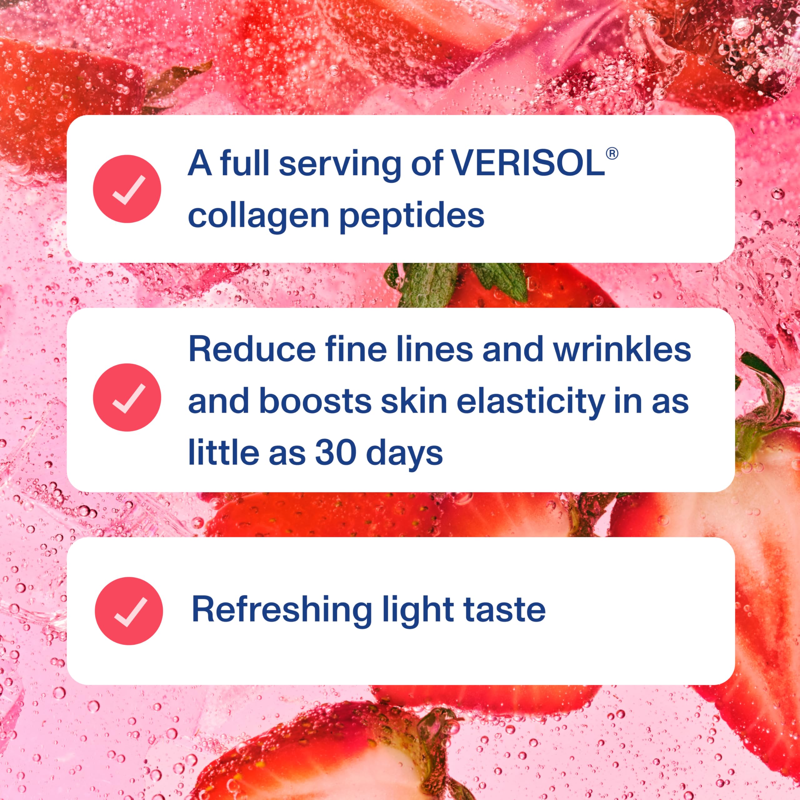 Vital Proteins lata servida en vaso con hielo y fresas, refresco funcional