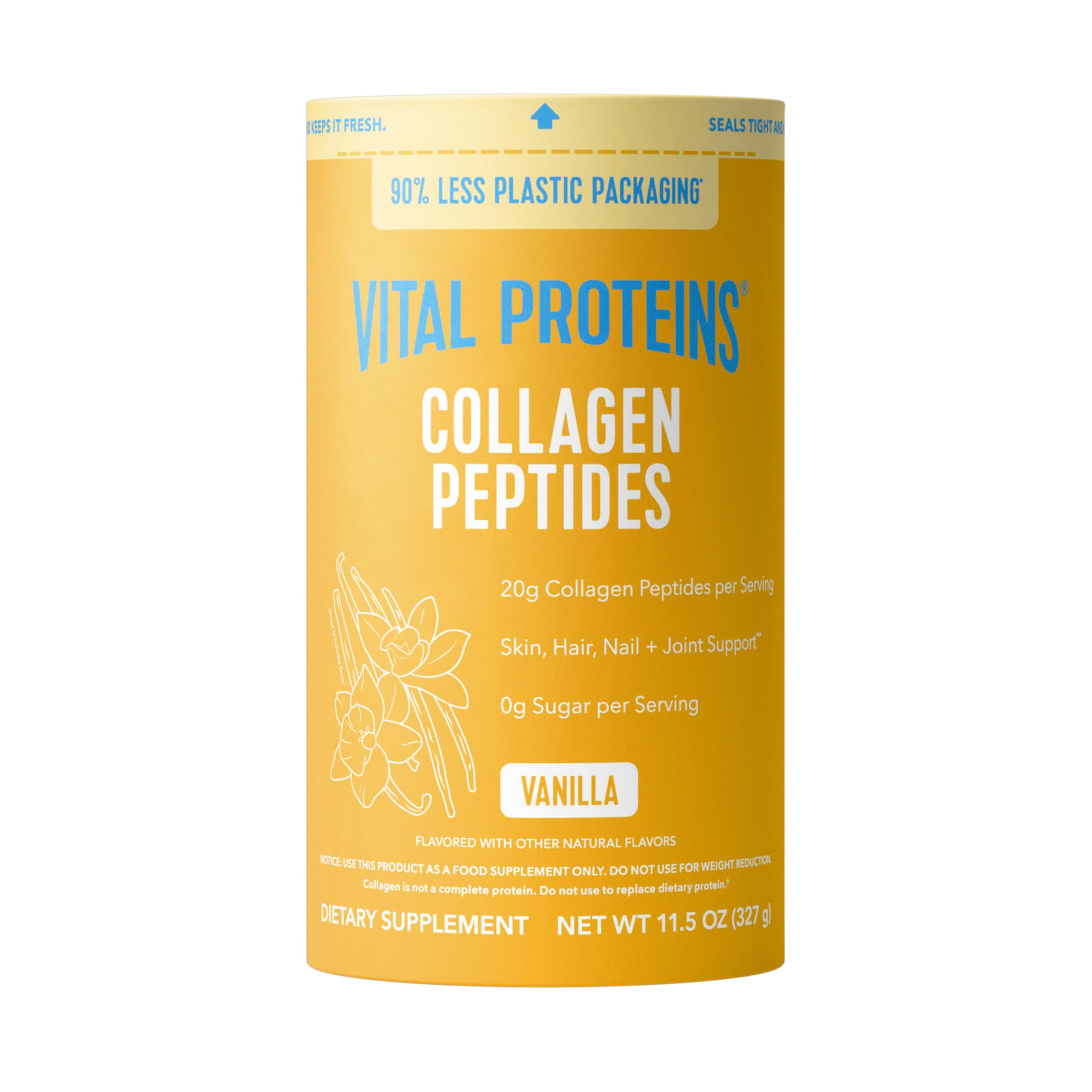 Vital Proteins envase frontal mostrando 11.5 oz y sabor vainilla, fácil identificación