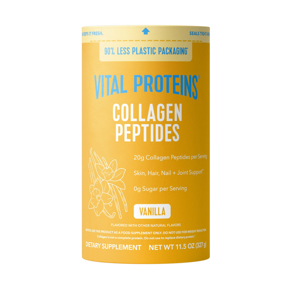 Vital Proteins envase frontal mostrando 11.5 oz y sabor vainilla, fácil identificación
