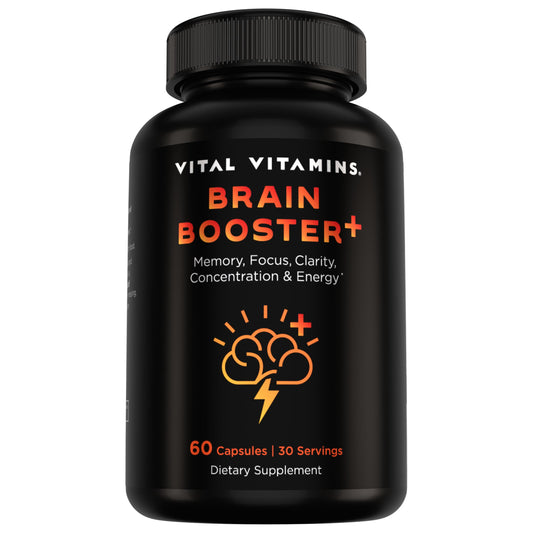 Vital Vitamins frasco frontal mostrando la etiqueta clara y beneficios