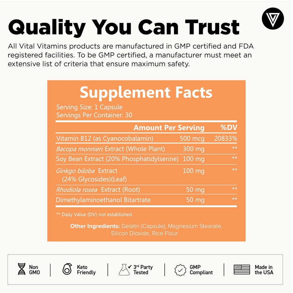 Vital Vitamins varias cápsulas en tazón ilustrando dosis diaria