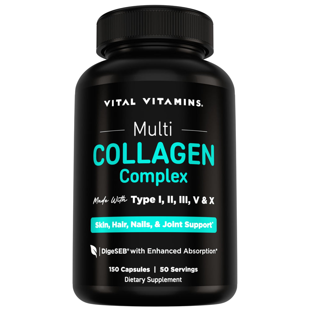 Vital Vitamins frasco frontal que muestra 150 cápsulas y conveniencia