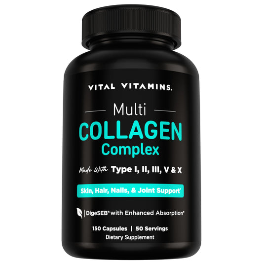 Vital Vitamins frasco frontal que muestra 150 cápsulas y conveniencia