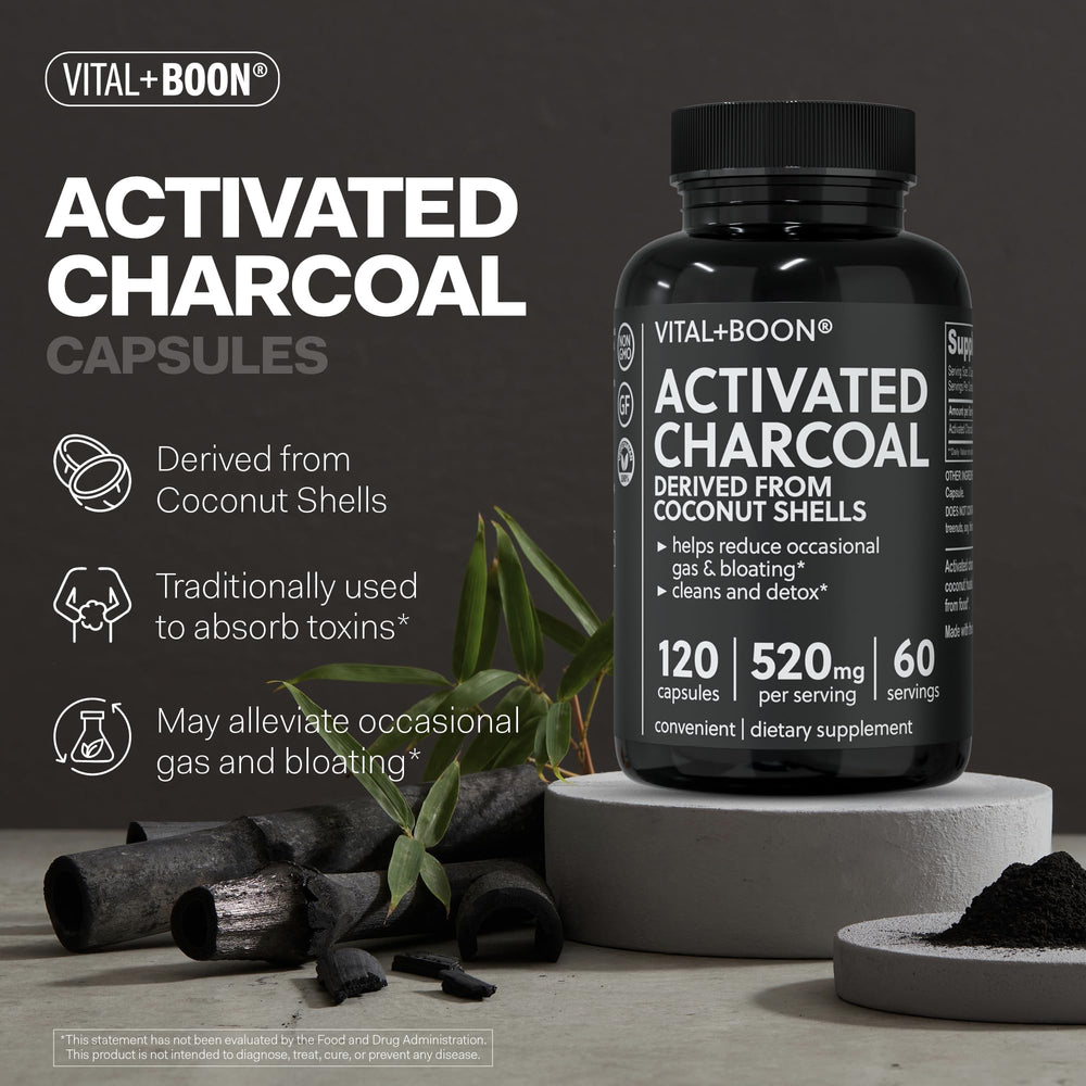 Vital+Boon primer plano del polvo de carbón activado de cáscara de coco, potente adsorción