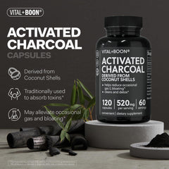 Vital+Boon primer plano del polvo de carbón activado de cáscara de coco, potente adsorción