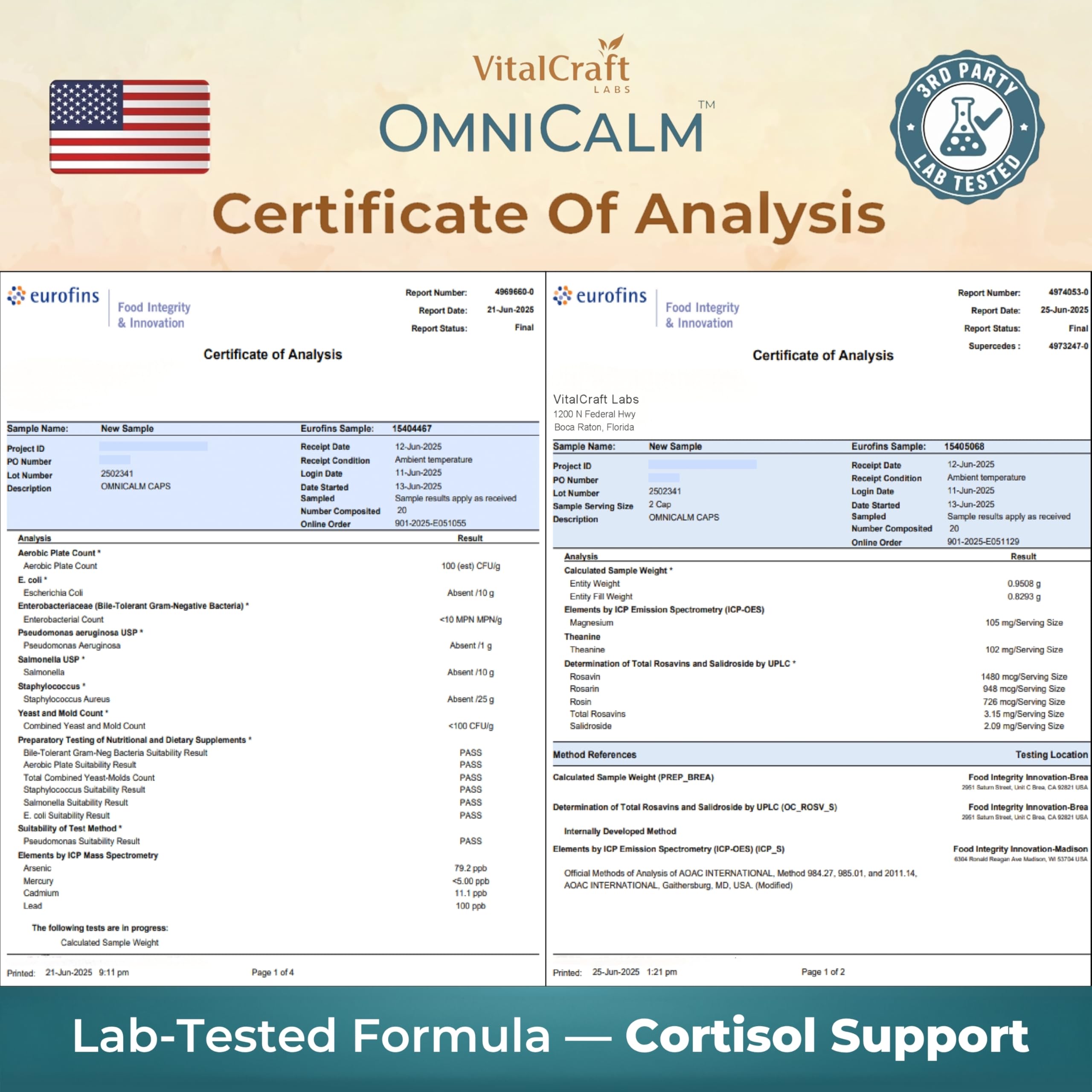 VITALCRAFT LABS OmniCalm certificado de análisis impreso, evidencia pruebas de terceros