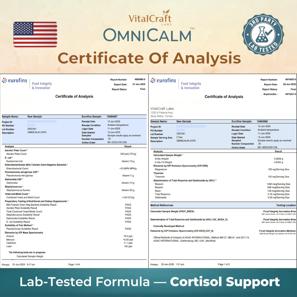 VITALCRAFT LABS OmniCalm certificado de análisis impreso, evidencia pruebas de terceros