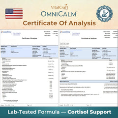 VITALCRAFT LABS OmniCalm certificado de análisis impreso, evidencia pruebas de terceros