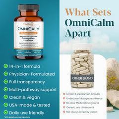 VITALCRAFT LABS OmniCalm comparación de tamaño en mano, muestra dosificación práctica