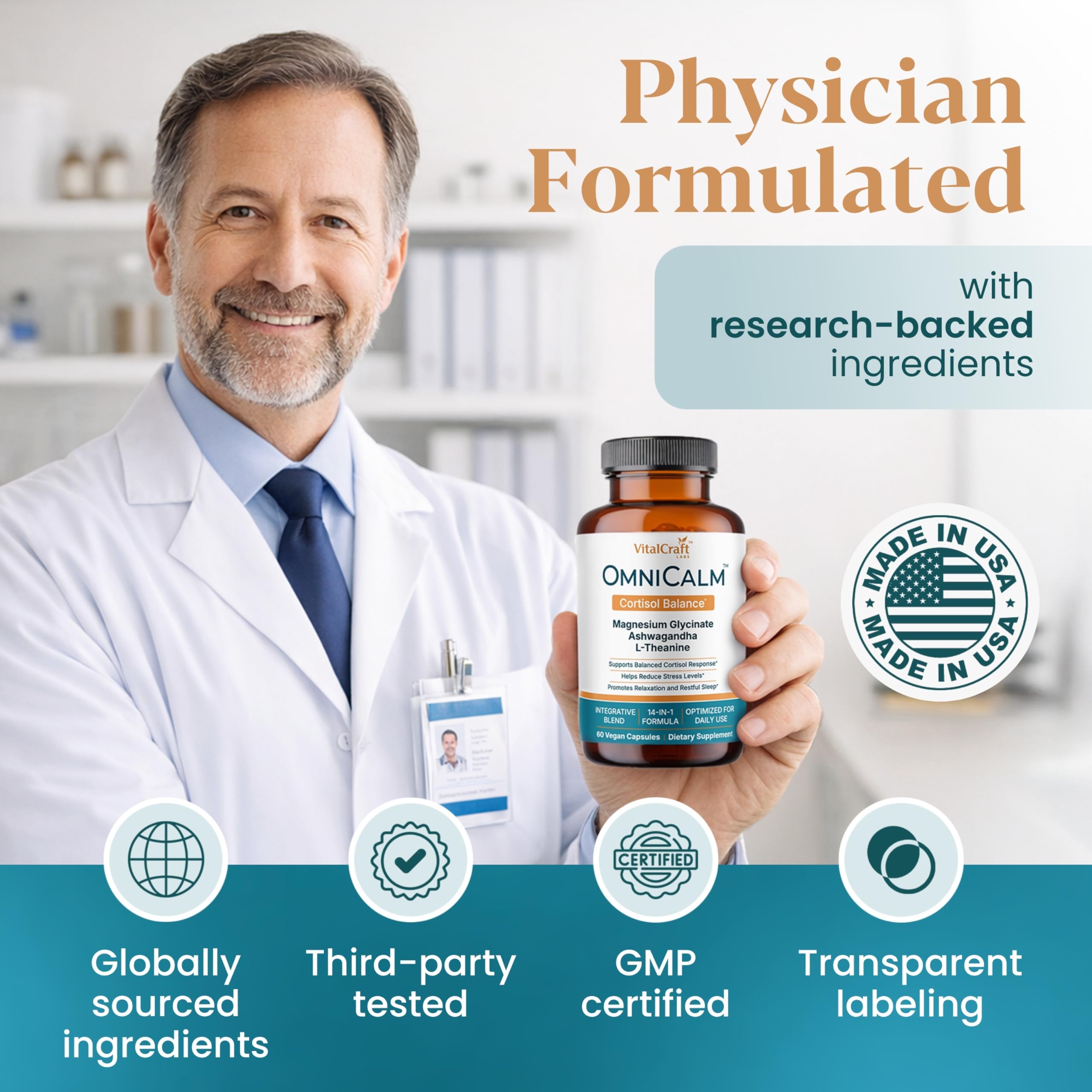 VITALCRAFT LABS OmniCalm etiqueta con lista de dosis visible, facilita elección informada
