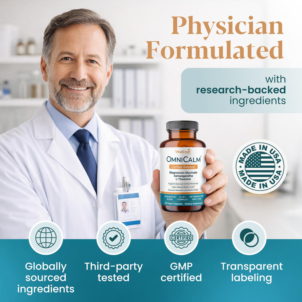VITALCRAFT LABS OmniCalm etiqueta con lista de dosis visible, facilita elección informada