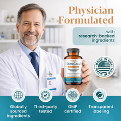 VITALCRAFT LABS OmniCalm etiqueta con lista de dosis visible, facilita elección informada