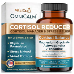VITALCRAFT LABS OmniCalm vista frontal botella mostrando diseño, apoya el equilibrio del cortisol