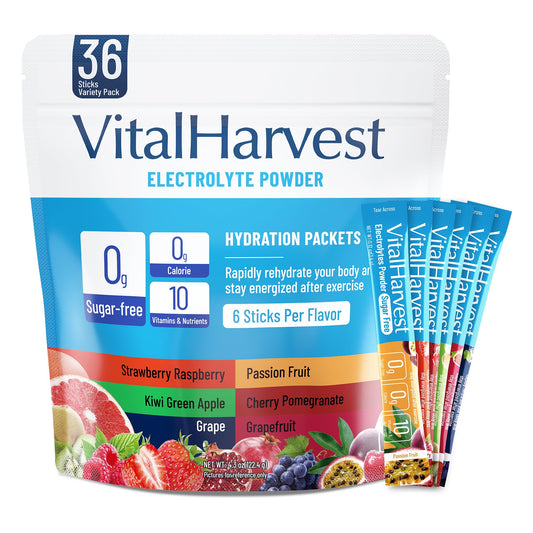 VitalHarvest Endure frente del paquete mostrando 36 sobres y beneficio portátil