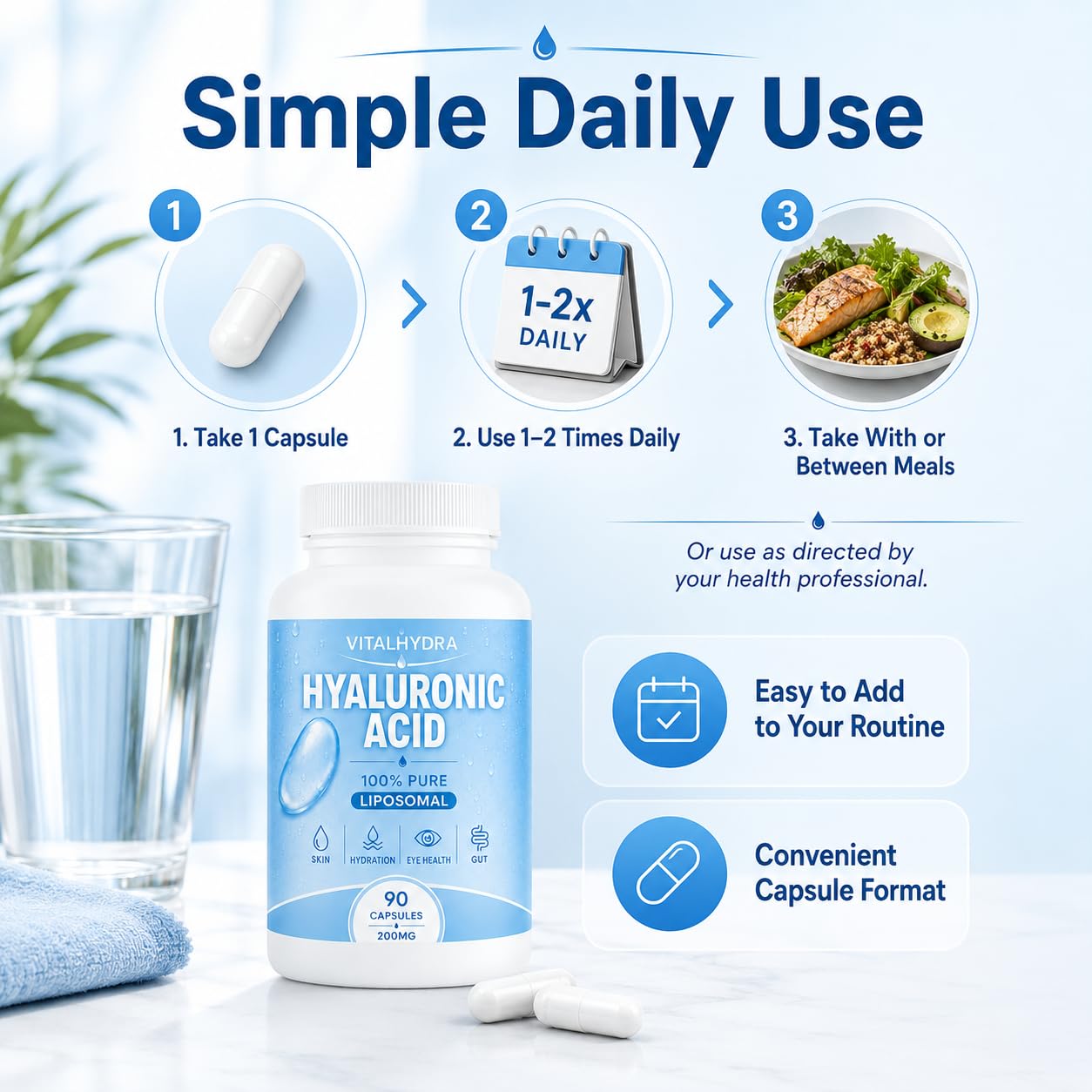 Vitalhydra frasco junto a productos de baño representando integración en rutina