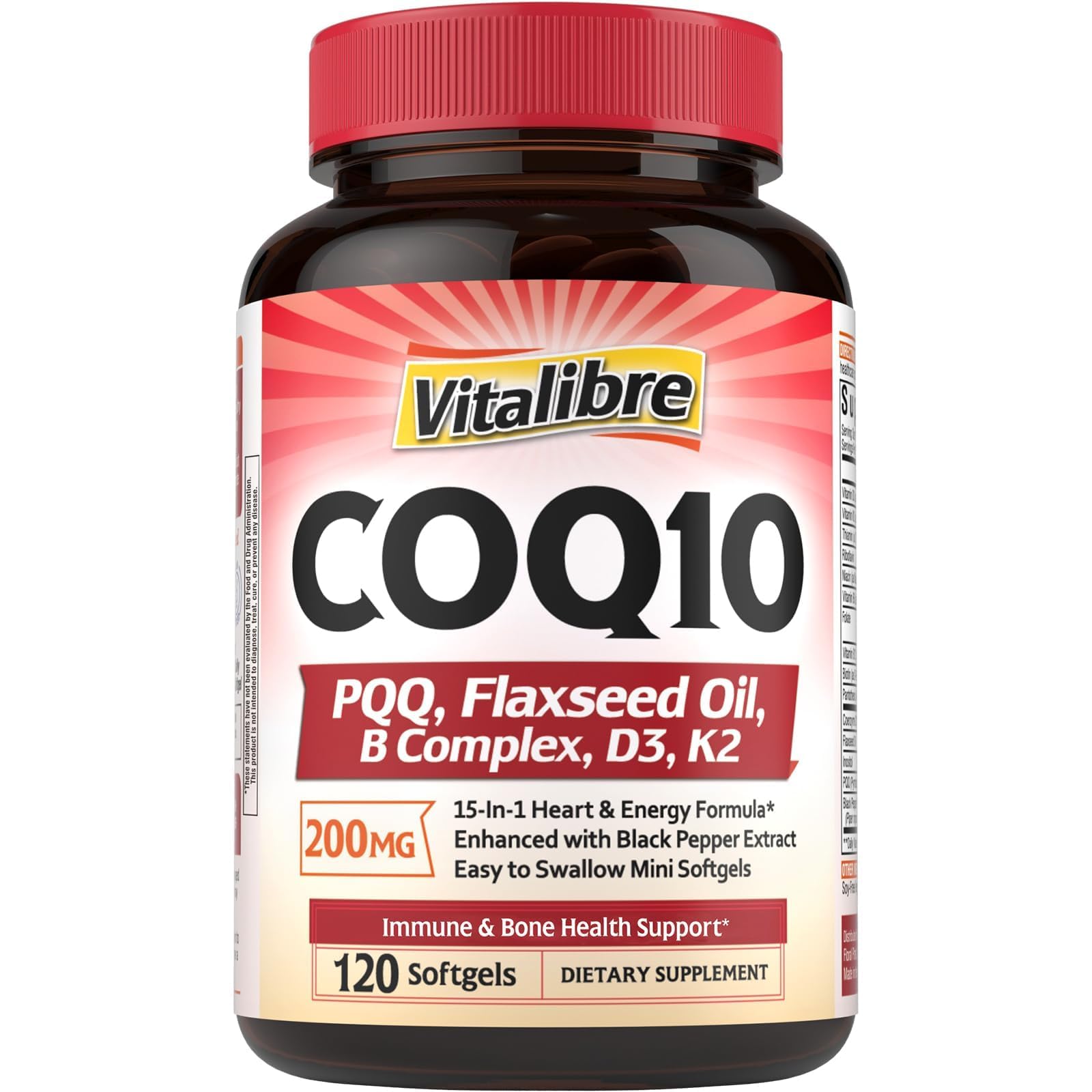 Vitalibre CoQ10 200 mg: botella visible para un posible impulso diario de energía.