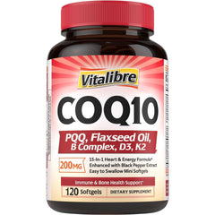 Vitalibre CoQ10 200 mg: botella visible para un posible impulso diario de energía.