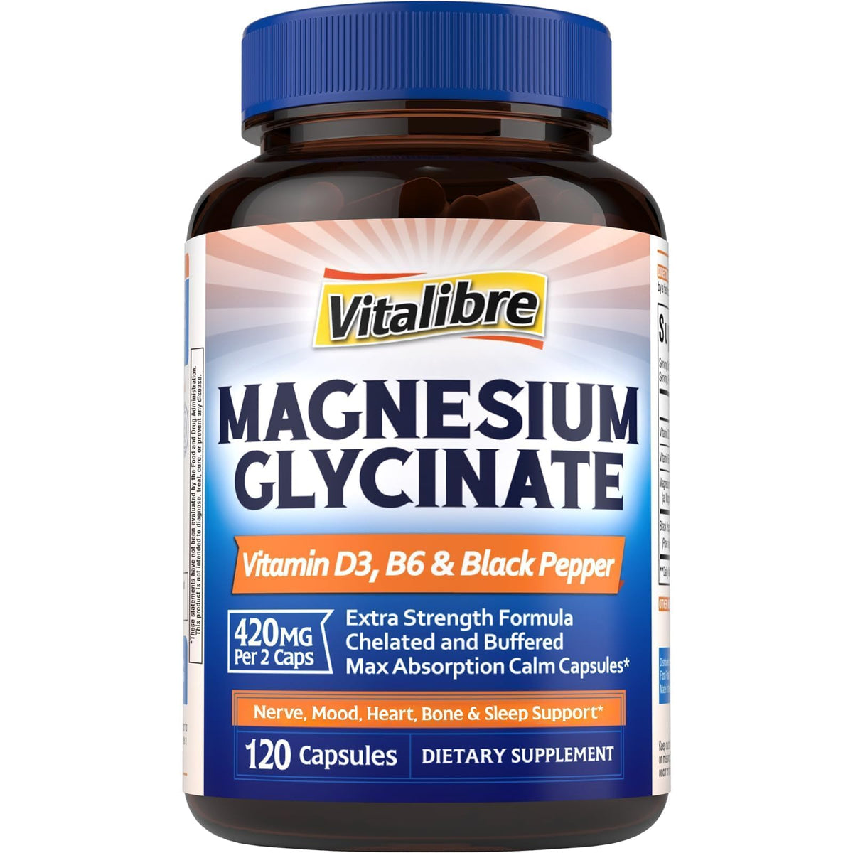 Vitalibre magnesio glicinato 420 mg: botella clara que sugiere alta absorción