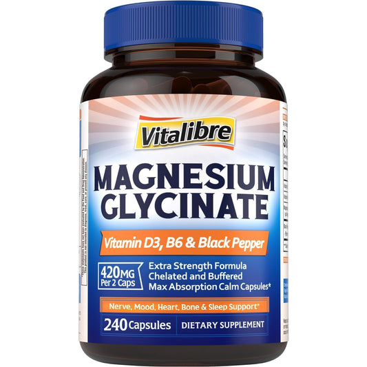 Vitalibre Magnesium Glycinate 420mg cápsulas, apoyo diario de bienestar.