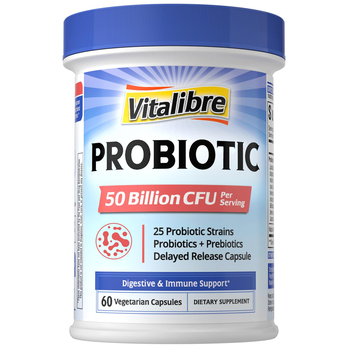 Vitalibre probiótico frasco de cápsulas para uso diario y equilibrio intestinal.